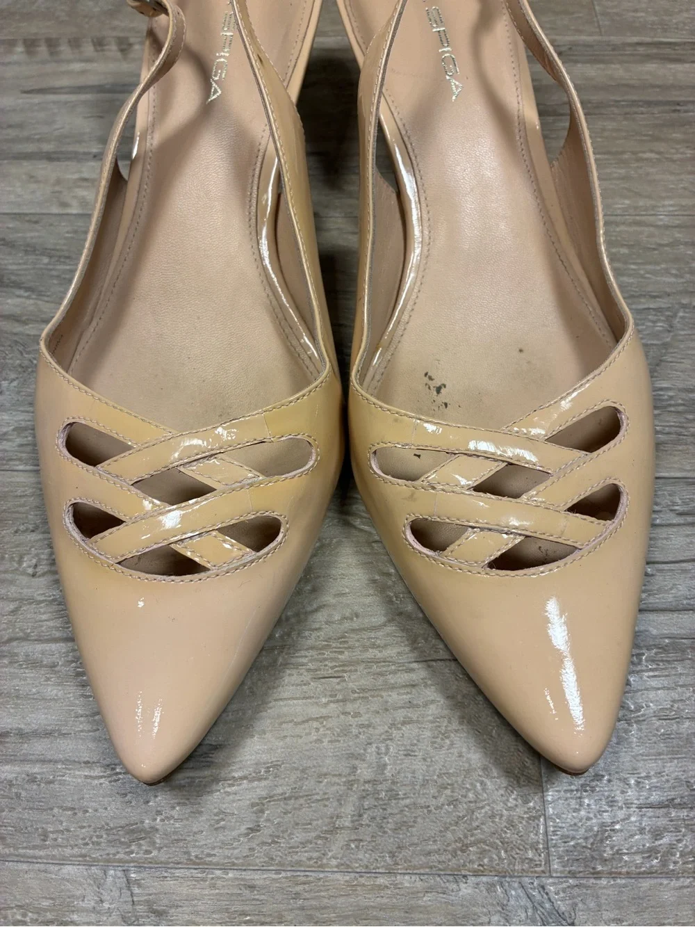 Via Spiga Italy Patent Leather Pointy Cut Out Slingback Kitten Heels